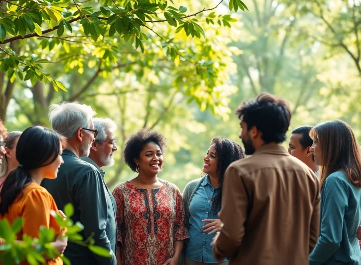 Promoting mental health awareness through community support in a serene outdoor setting.