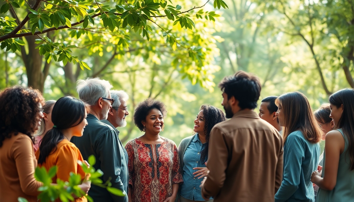 Promoting mental health awareness through community support in a serene outdoor setting.